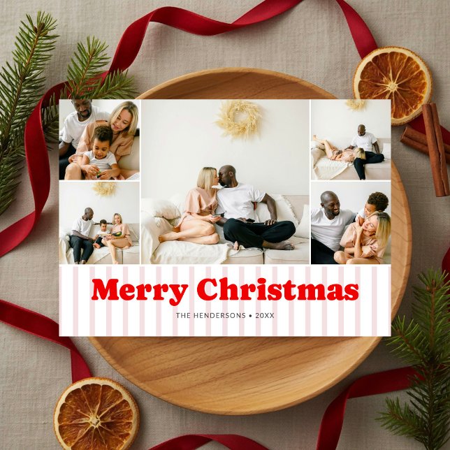 Nostalgia Retro Christmas Red Striped 7 Photo Holiday Card (Creator Uploaded)