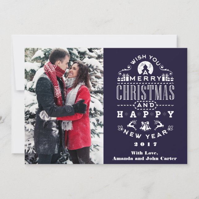 Nostalgic blue Christmas Greetings Vertical Photo Holiday Card (Front)