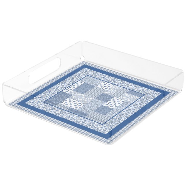 Nostalgic Blue Faux Patchwork Square Perfume Tray (Angled)