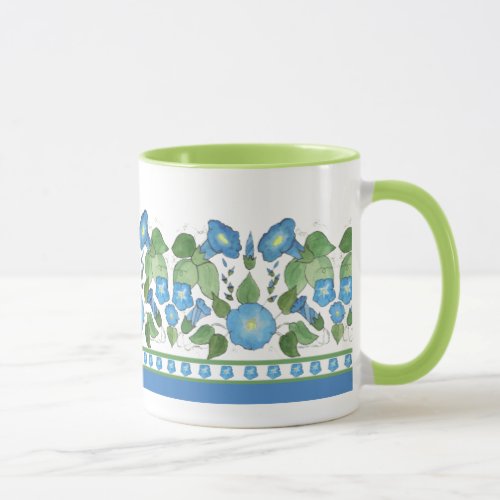 Nostalgic Blue Morning Glory Floral Border White Mug