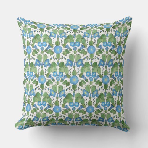 Nostalgic Blue Morning Glory on White Throw Pillow