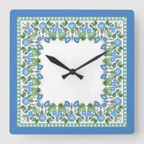 Nostalgic Blue Morning Glory Square Wall Clock