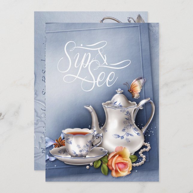 Nostalgic Blue Tea Party  Sip and See Baby Shower Invitation (Front/Back)