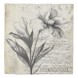 Nostalgic Brown Flower Sketch Antique Paper Duvet Cover
