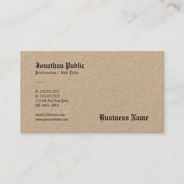 Nostalgic Brown Real Kraft Paper Elegant Template Business Card (Front)