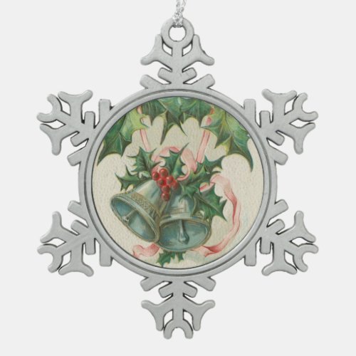 Nostalgic Christmas Bells and Holly Snowflake Pewter Christmas Ornament