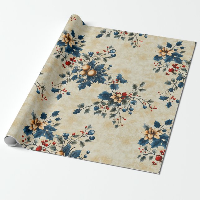 Nostalgic Christmas Floral Wrapping Paper (Unrolled)
