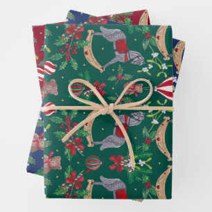 Nostalgic Christmas Rocking Horse Bear Festive Wrapping Paper Sheets