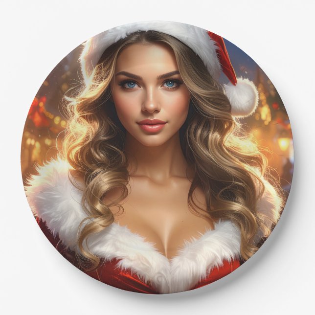 Nostalgic Christmas Santa Girl Paper Plates (Front)