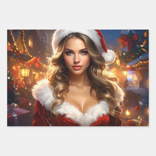 Nostalgic Christmas Santa Girl Wrapping Paper Sheets (Front)