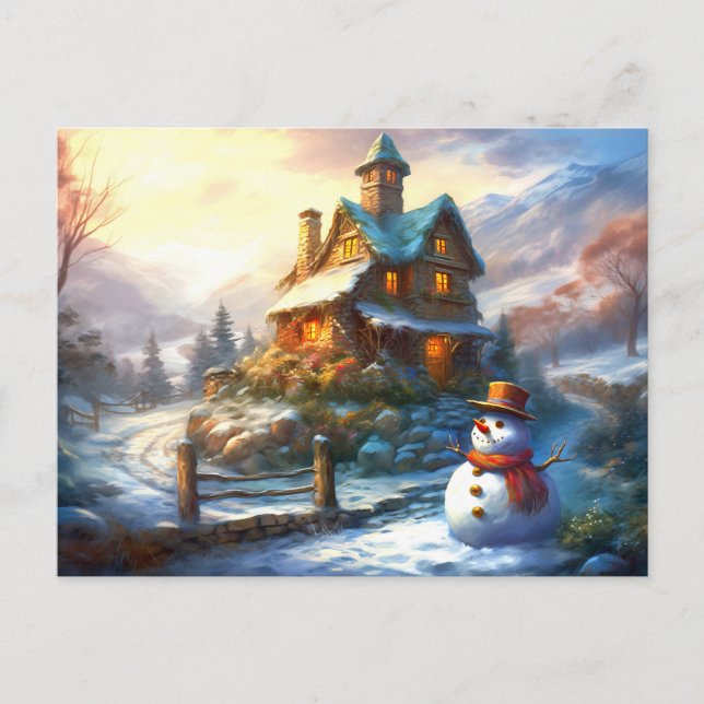 Nostalgic Christmas Snowman | Vintage Cottage Invitation Postcard (Front)