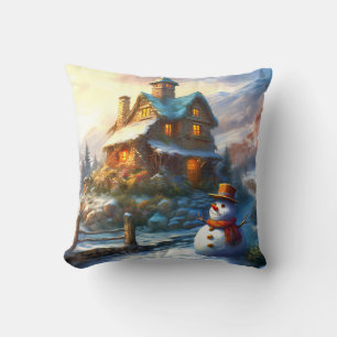 Nostalgic Christmas Snowman   Vintage Cottage Throw Pillow