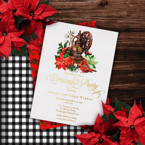 Nostalgic Coffee Grinder Cardinal Christmas Party Foil Invitation