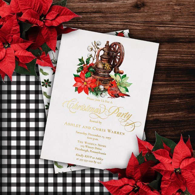 Nostalgic Coffee Grinder |Cardinal Christmas Party Foil Invitation (Creator Uploaded)