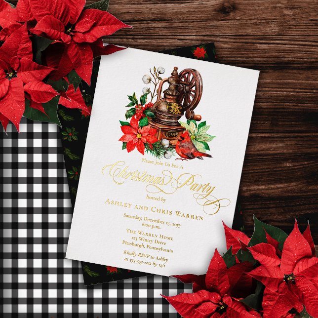 Nostalgic Coffee Grinder |Cardinal Christmas Party Foil Invitation (Creator Uploaded)
