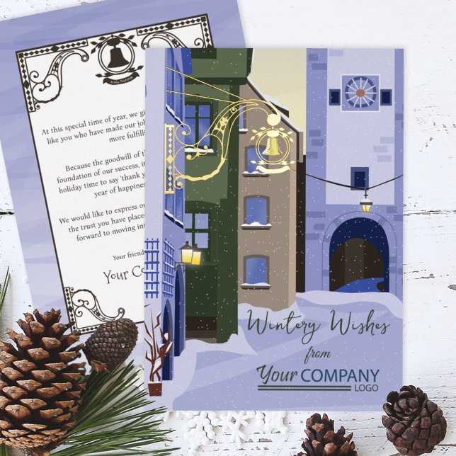Nostalgic Corporate Logo Blue Gold Christmas Foil Holiday Card (Light Blue Snow Nostalgic Bavarian Company Holiday Greeting Cards Rothenburg, Germany Business Logo)
