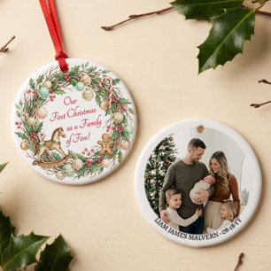 Nostalgic Family of Five First Christmas Photo Ceramic Ornament