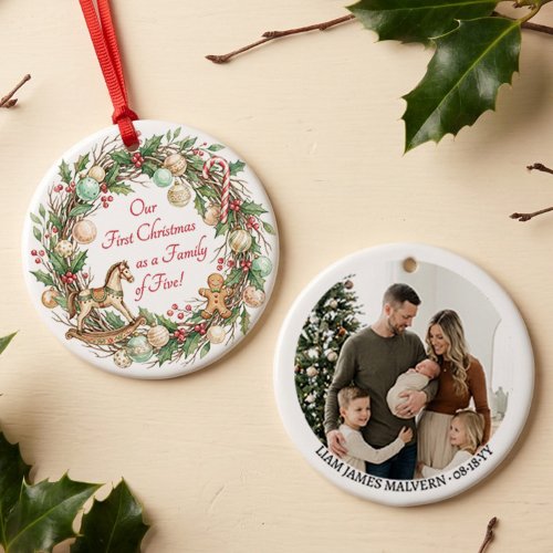Nostalgic Family of Five First Christmas Photo Ceramic Ornament