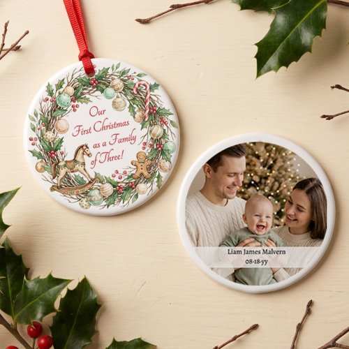 Nostalgic Family of Three First Christmas Photo Ceramic Ornament