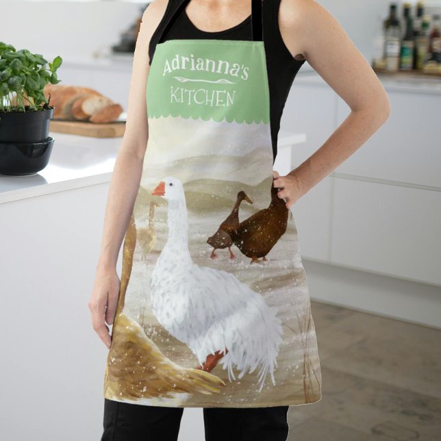 Nostalgic Farm Geese Personalized Green Apron (light green kitchen apron with geese, white & brown wild geese, personalized cooking apron with name)