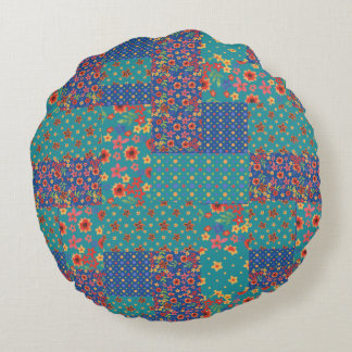 Nostalgic Faux Patchwork Patterns Round Pillow
