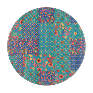 Nostalgic Faux Patchwork Round Glass Cutting Board