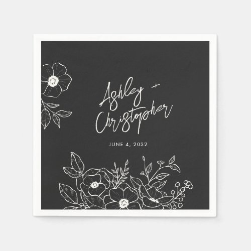 Nostalgic Floral Botanical Black Wedding Cocktail Napkins