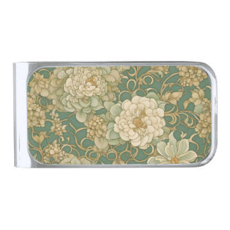 Nostalgic Florals in Vintage Hues Silver Finish Money Clip