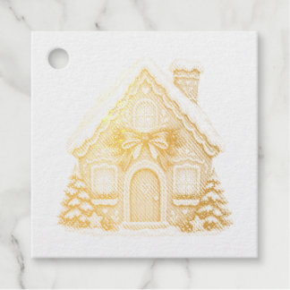 Nostalgic Gingerbread House with Red Christmas Bow Foil Favor Tags