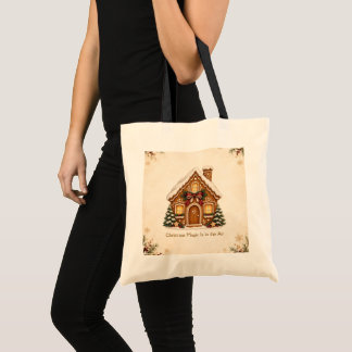 Nostalgic Gingerbread House with Red Christmas Bow Tote Bag