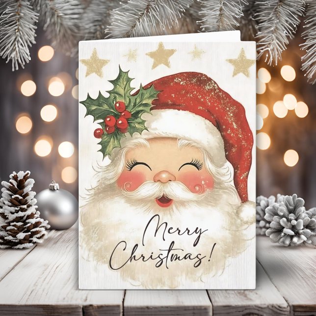 Nostalgic Gold Stars Merry Christmas Santa  Holiday Card (Nostalgic Gold Stars Merry Christmas Santa Holiday Card)