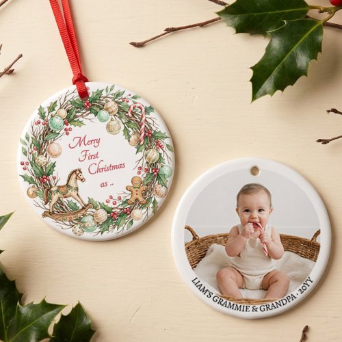 Nostalgic Grandparents First Christmas Photo Ceramic Ornament