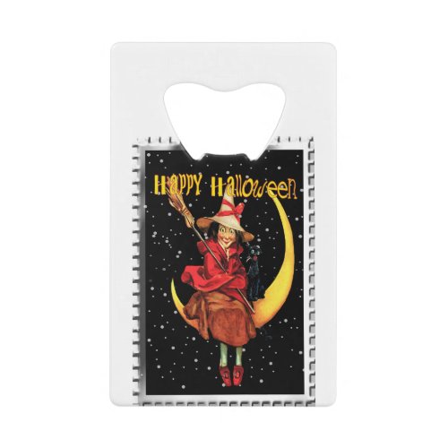 Nostalgic Halloween Good Witch and her Cat Credit Card Bottle Opener