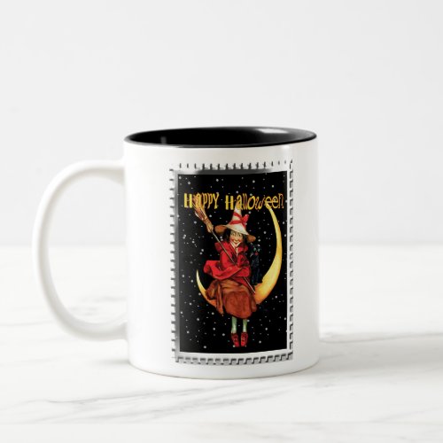 Nostalgic Halloween Good Witch and her Cat Two_Tone Coffee Mug