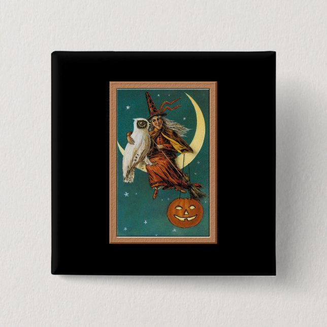 Nostalgic Happy Halloween Witch & Owl Button (Front)