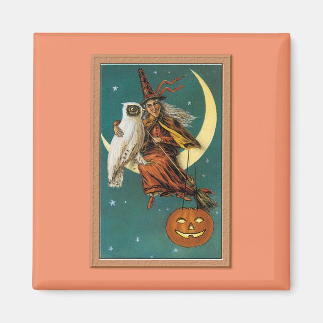 Nostalgic Happy Halloween Witch & Owl Magnet (Front)