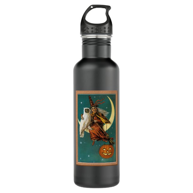 Nostalgic Happy Halloween Witch & Owl Stainless Steel Water Bottle (Front)