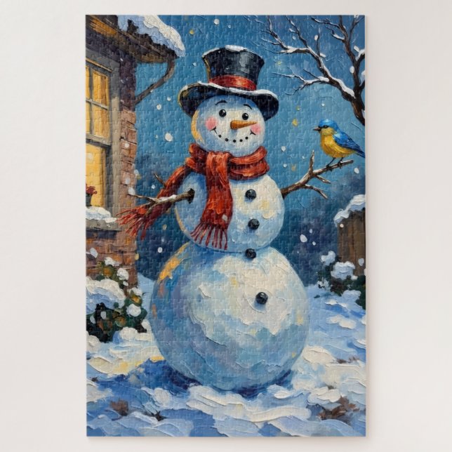 Nostalgic Happy Snowman with Bluebird Winter Scene Jigsaw Puzzle (Vertical)