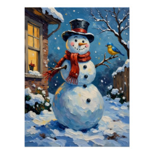 Nostalgic Happy Snowman with Bluebird Winter Scene Poster