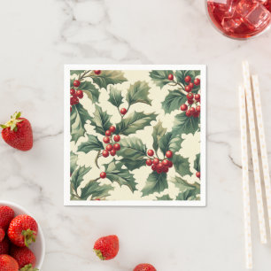 Nostalgic Holiday Holly Berries Pattern Découpage Napkins