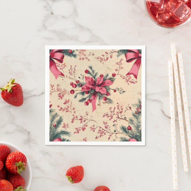 Nostalgic Holiday Pink Bows & Berries Découpage Napkins (Insitu)