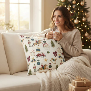 Nostalgic Holiday Toys Watercolor Pattern Beige  Throw Pillow