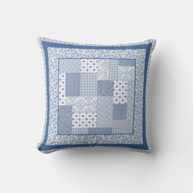 Nostalgic Indigo Blue and White Faux Patchwork Throw Pillow (Front)