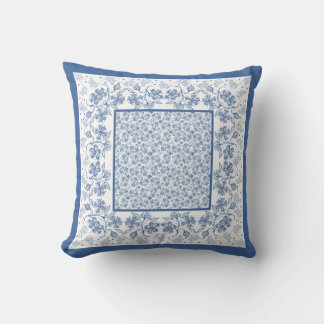 Nostalgic Indigo Blue and White Floral Border Throw Pillow