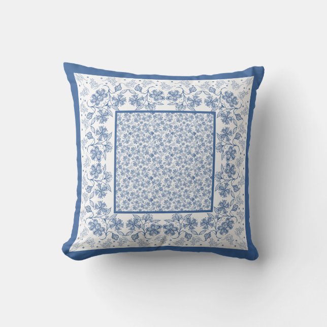 Nostalgic Indigo Blue and White Floral Border Throw Pillow (Front)