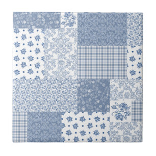 Nostalgic Indigo Blue Faux Patchwork Ceramic Tile