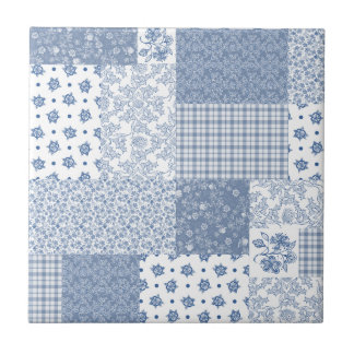 Nostalgic Indigo Blue Faux Patchwork Ceramic Tile