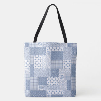 Nostalgic Indigo Blue White Faux Patchwork Pattern Tote Bag