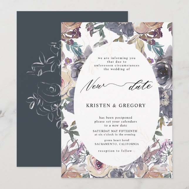 nostalgic indigo blush floral postponed  Wedding Invitation (Front/Back)