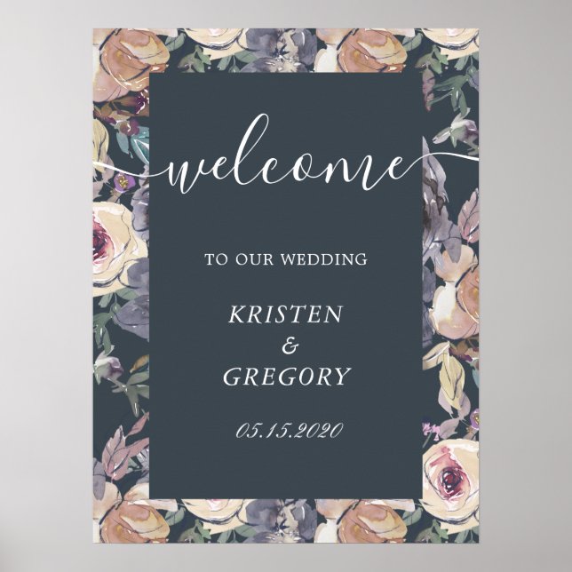 nostalgic indigo blush floral Wedding Welcome Poster (Front)